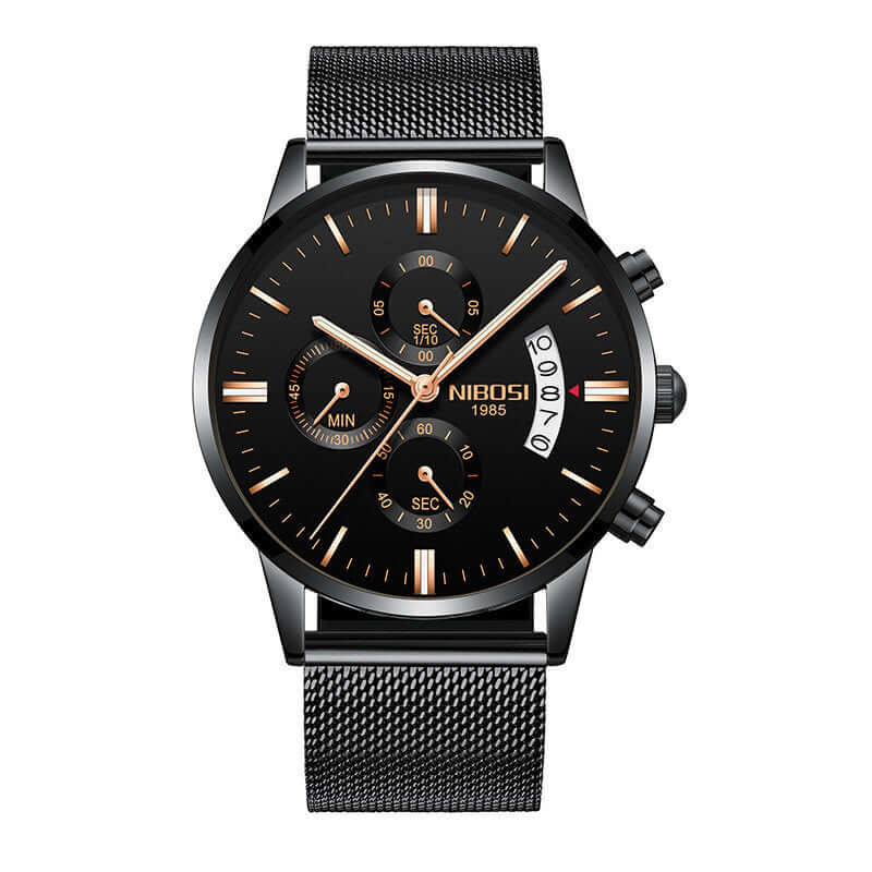Stylish men watch with black dial and mesh strap, perfect for everyday wear and special occasions.