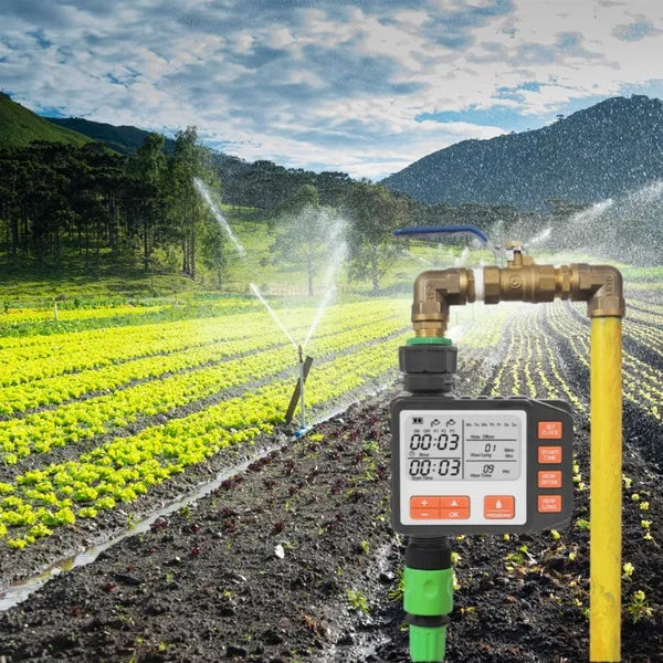 Sprinkler timer with 3 watering programs controlling irrigation in a vibrant field of crops.