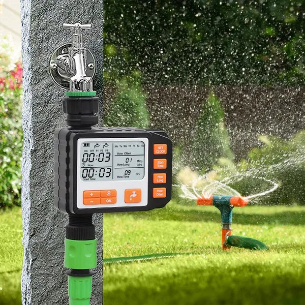 Sprinkler timer with 3 watering programs in use, adjusting settings for automatic garden irrigation.