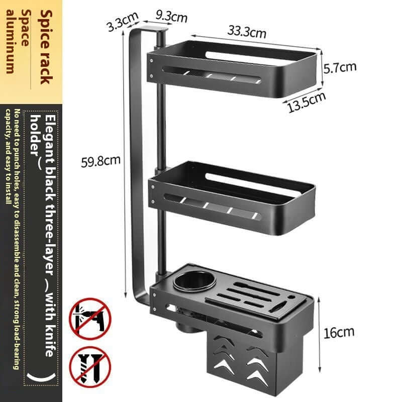 Punch-free kitchen wall storage rack in elegant black three-layer design, made of aluminum, ideal for spice organization.