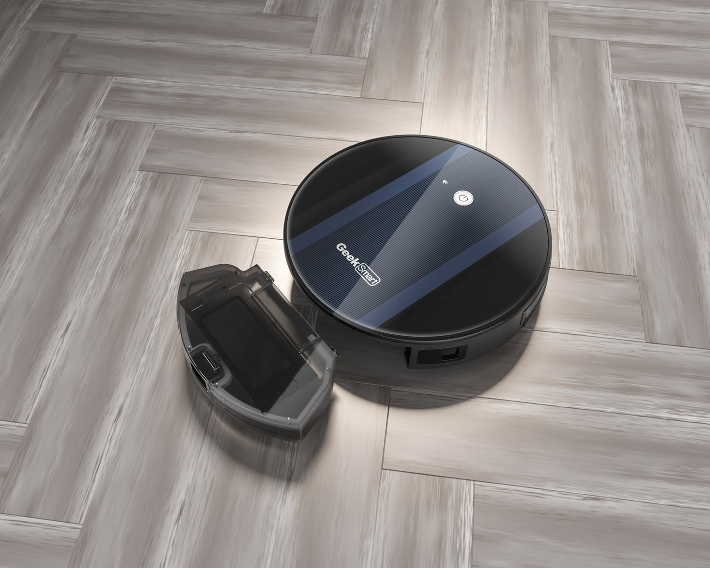 Geek Smart Robot Vacuum Cleaner G6 Plus on hard floor, showcasing ultra-thin design and self-charging feature, ideal vacuum for all surfaces.