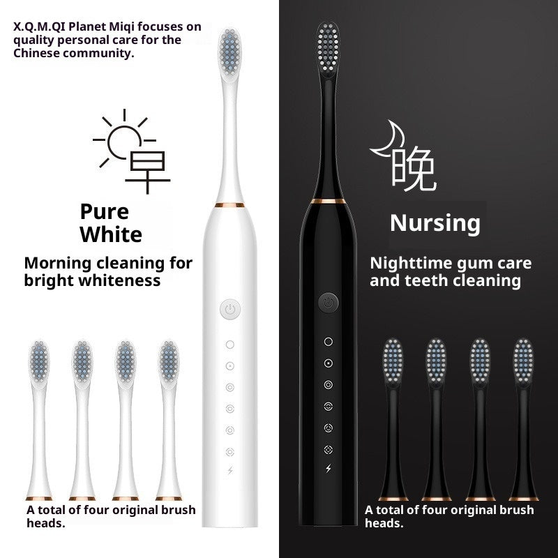 Soft-bristle toothbrush with multiple brush heads for bright whitening and nighttime gum care
