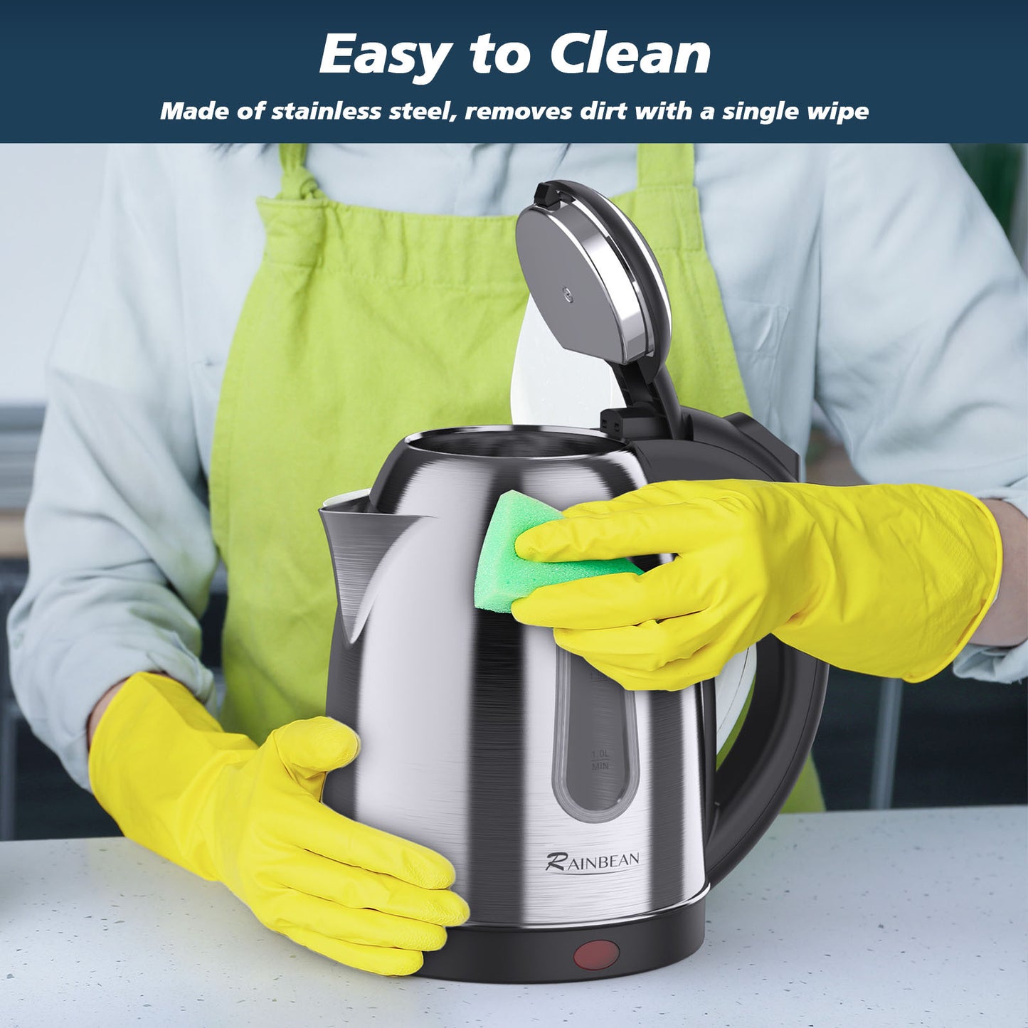 Easy to clean 1.8L electric kettle, featuring stainless steel and auto shut-off functionality.