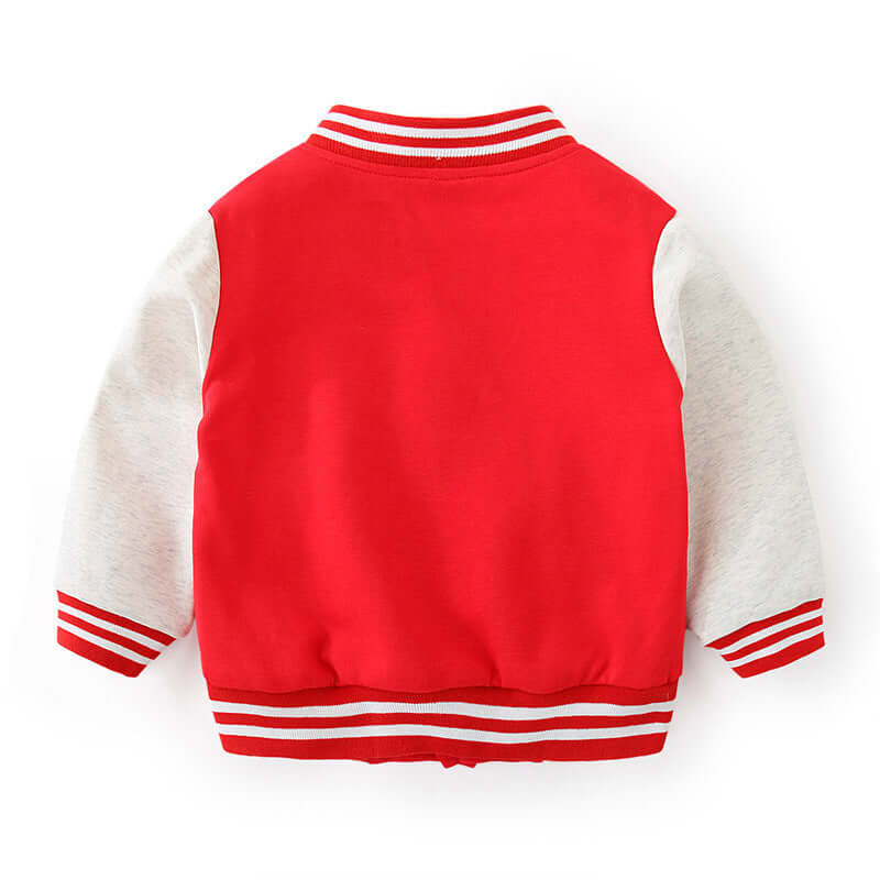 Children's cardigan baseball sweater set in red and white, featuring classic striped collar and sleeves.
