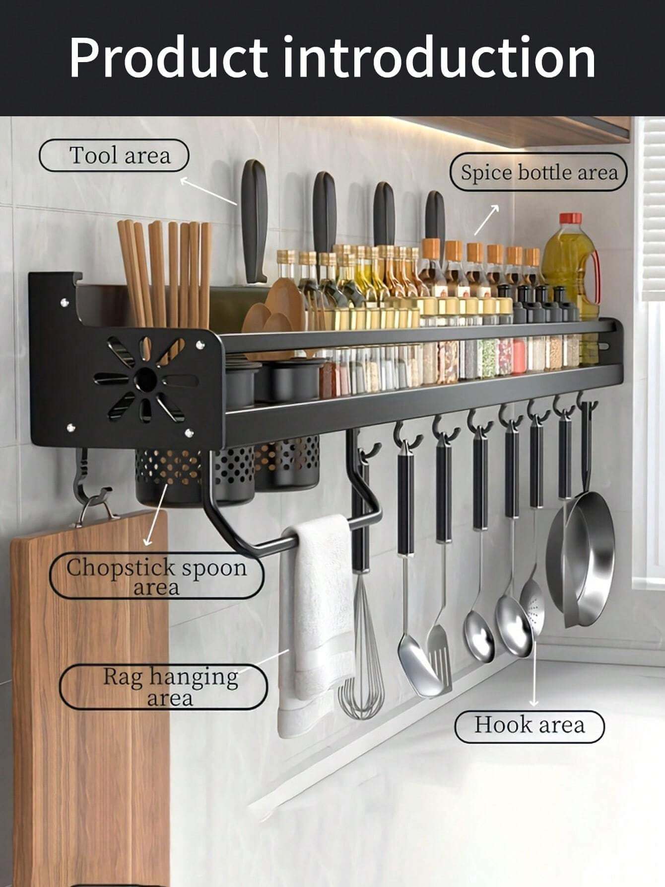 Wall-mounted multi-functional kitchen storage rack with tool, spice bottle, and hook areas for organization.