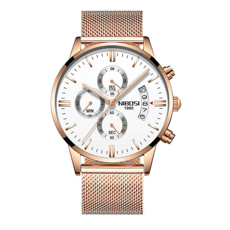 Men watch featuring a sleek white dial, rose gold accents, and a mesh strap, perfect for any occasion.
