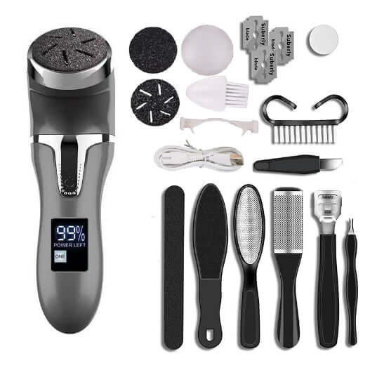Foot scrubber and pedicure beauty supplies gadgets with various accessories for smooth feet.