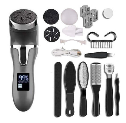 Foot scrubber and pedicure beauty supplies gadgets with various accessories for smooth feet.