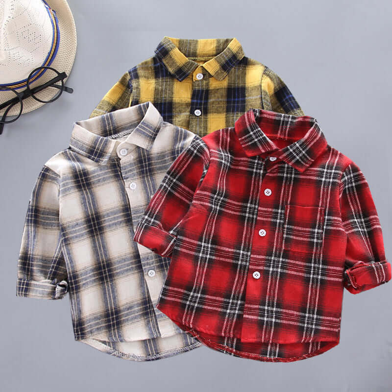 Kids Plaid Long Sleeve Shirt displayed in three colors: red, yellow, and white with black lattice patterns.