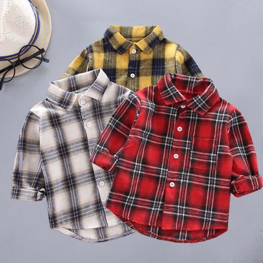 Kids Plaid Long Sleeve Shirt displayed in three colors: red, yellow, and white with black lattice patterns.