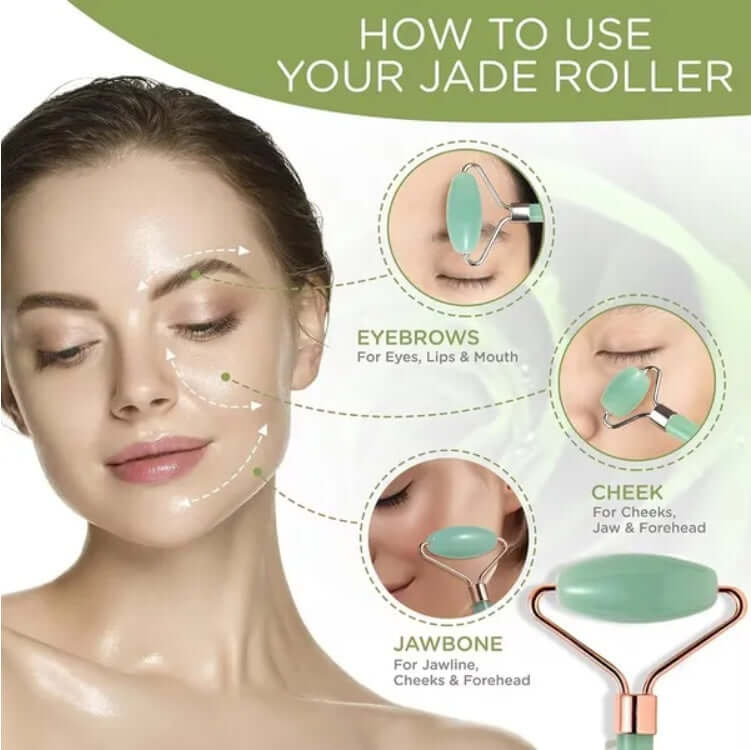 How to use your jade roller for face massage techniques on eyebrows, cheeks, and jawbone areas.