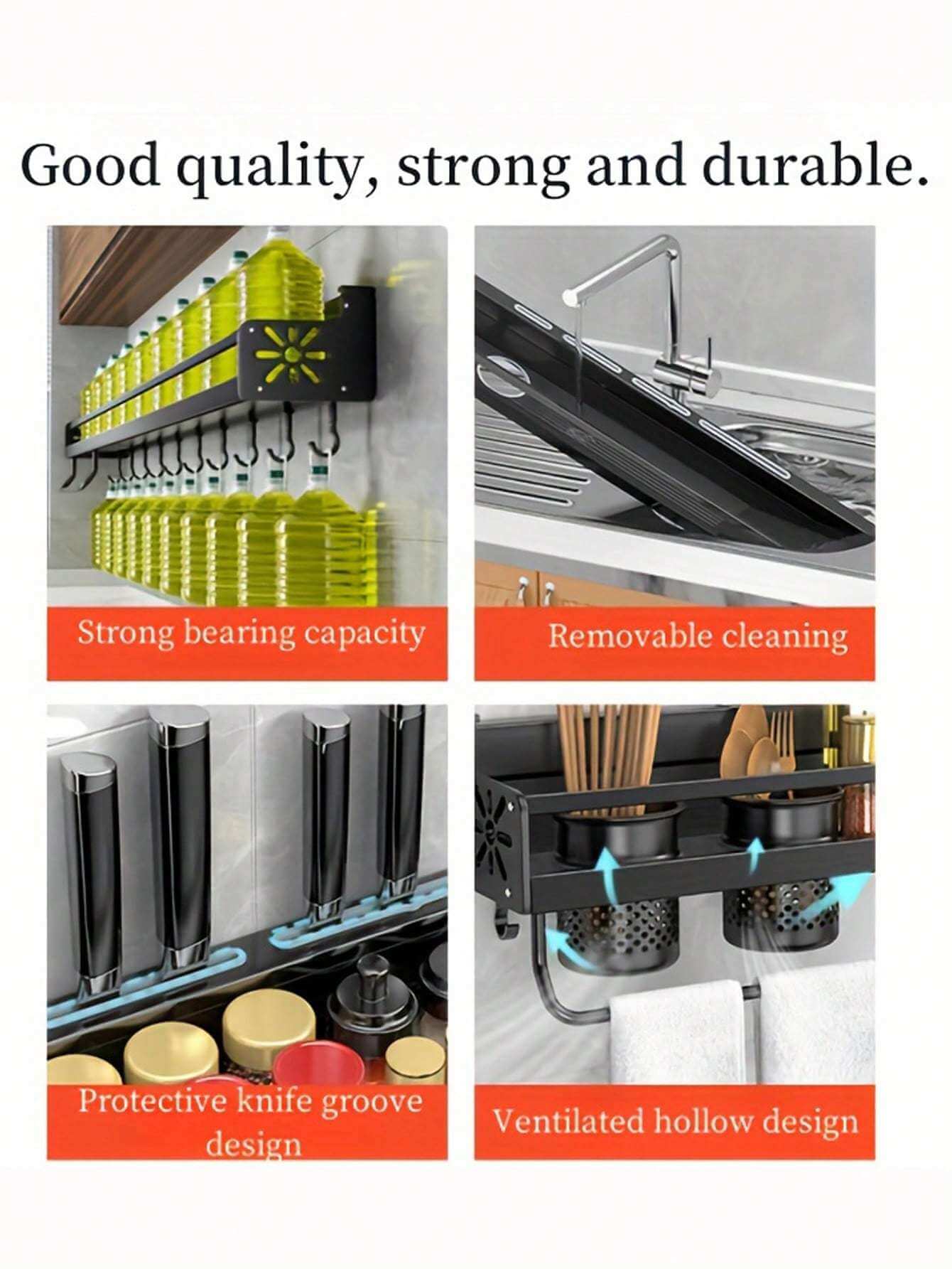 Wall-mounted multi-functional kitchen storage rack features strong bearing capacity, removable cleaning, protective knife groove design, and ventilated hollow design.