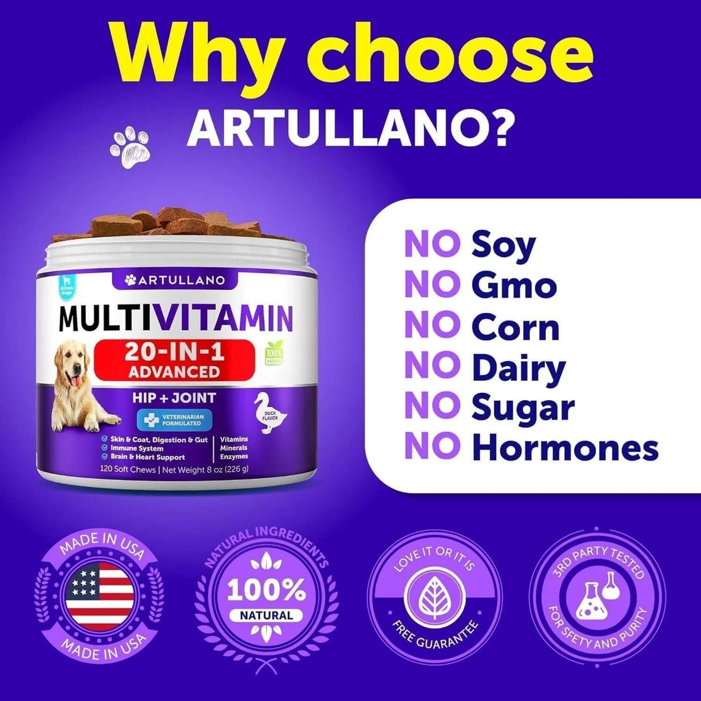 20-in-1 Dog Multivitamin Chews promoting natural ingredients without soy, gmo, corn, dairy, sugar, hormones for dog health.