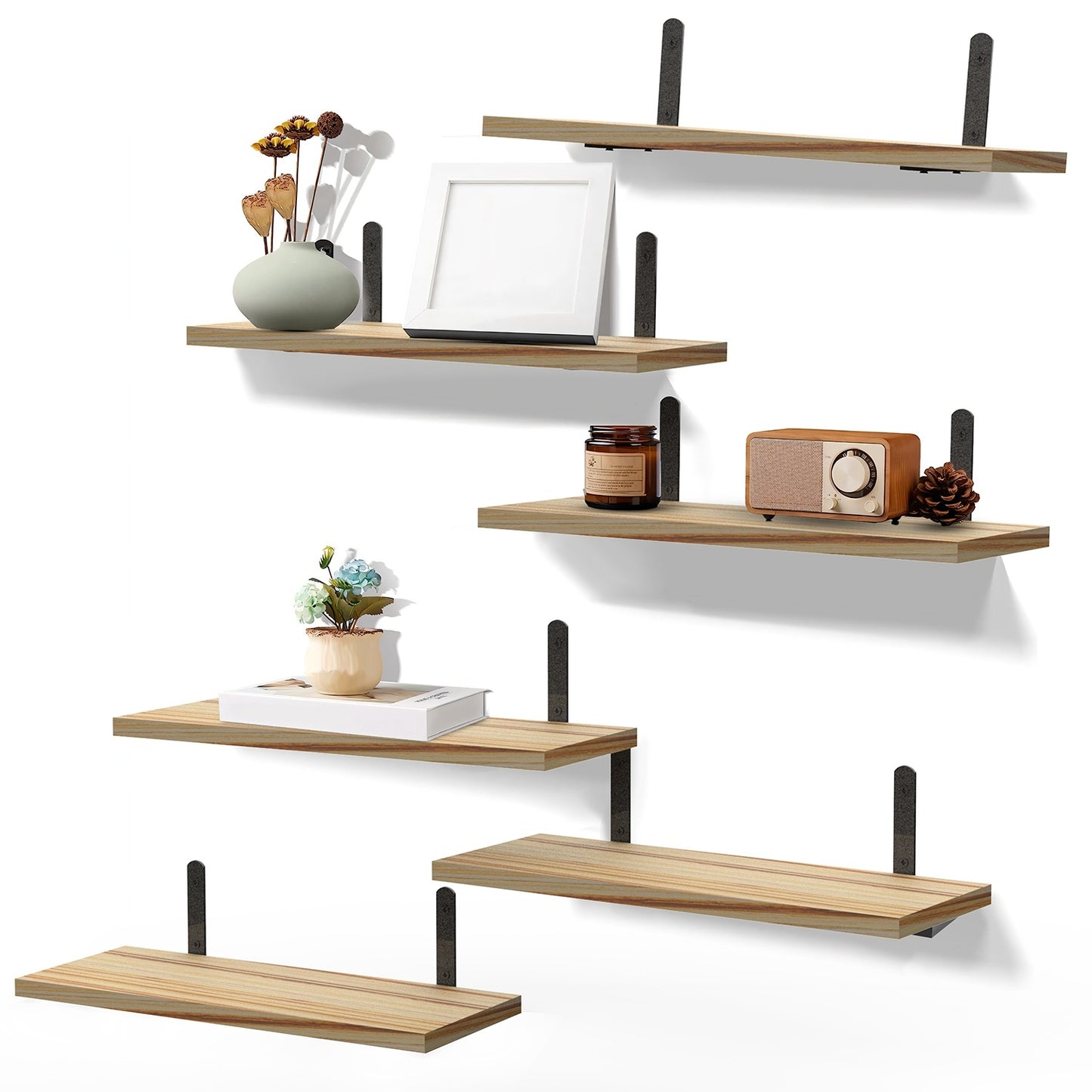 6-Piece Floating Wall Shelves with Metal Brackets