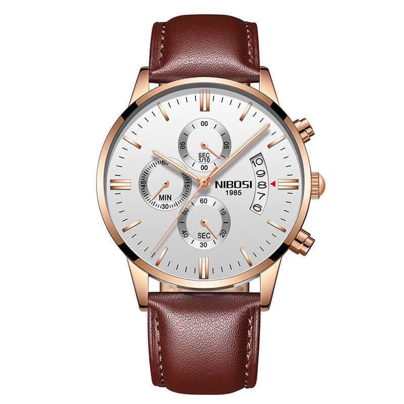Stylish men watch with brown leather strap and silver dial featuring multiple timekeeping functions.