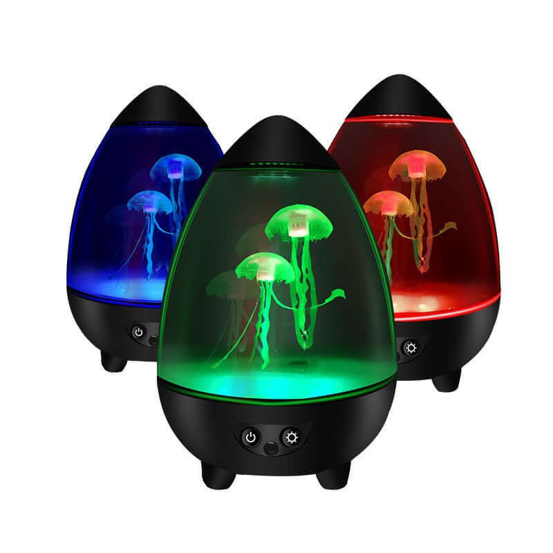 Jellyfish lamp in three colors: blue, green, and red, USB powered small night light for creative decoration.