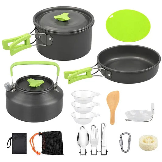 16Pcs Camping Cooking Ware Set including stove, pots, utensils, and cutting board for outdoor cooking.