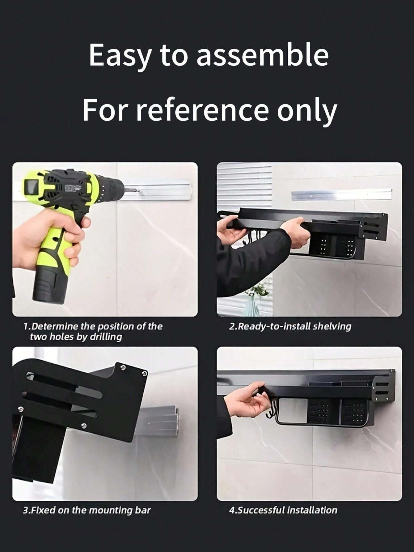 Step-by-step assembly guide for a wall-mounted multi-functional kitchen storage rack installation.