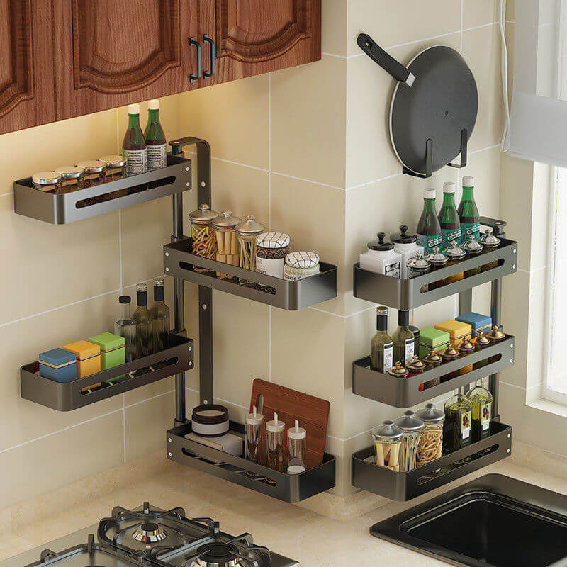 Punch-free kitchen wall storage rack featuring stylish aluminum shelves for storing jars and bottles.