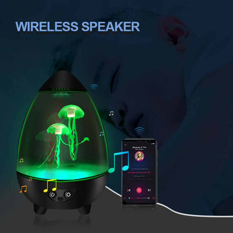 Jellyfish Lamp with wireless speaker feature, showcasing colorful jellyfish and a smartphone playing music.