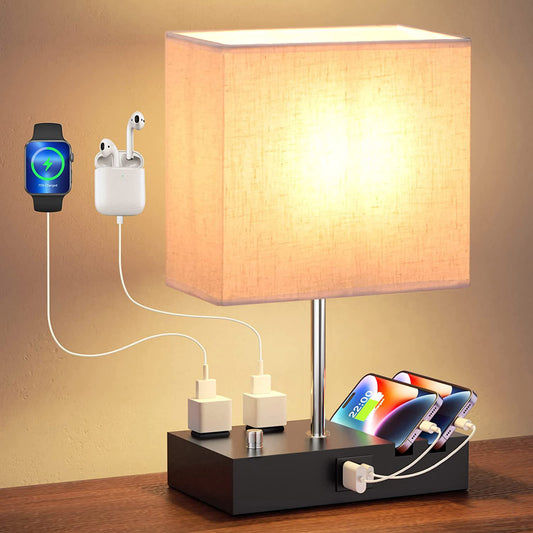 Fully dimmable table lamp with USB ports and power outlets, perfect for charging devices.