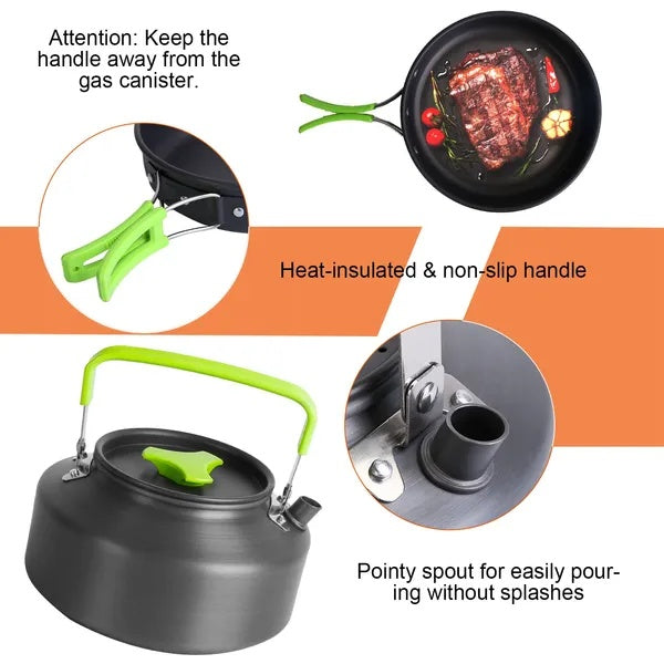 16Pcs Camping Cooking Ware Set features heat-insulated handle and pointy spout for easy pouring without splashes.
