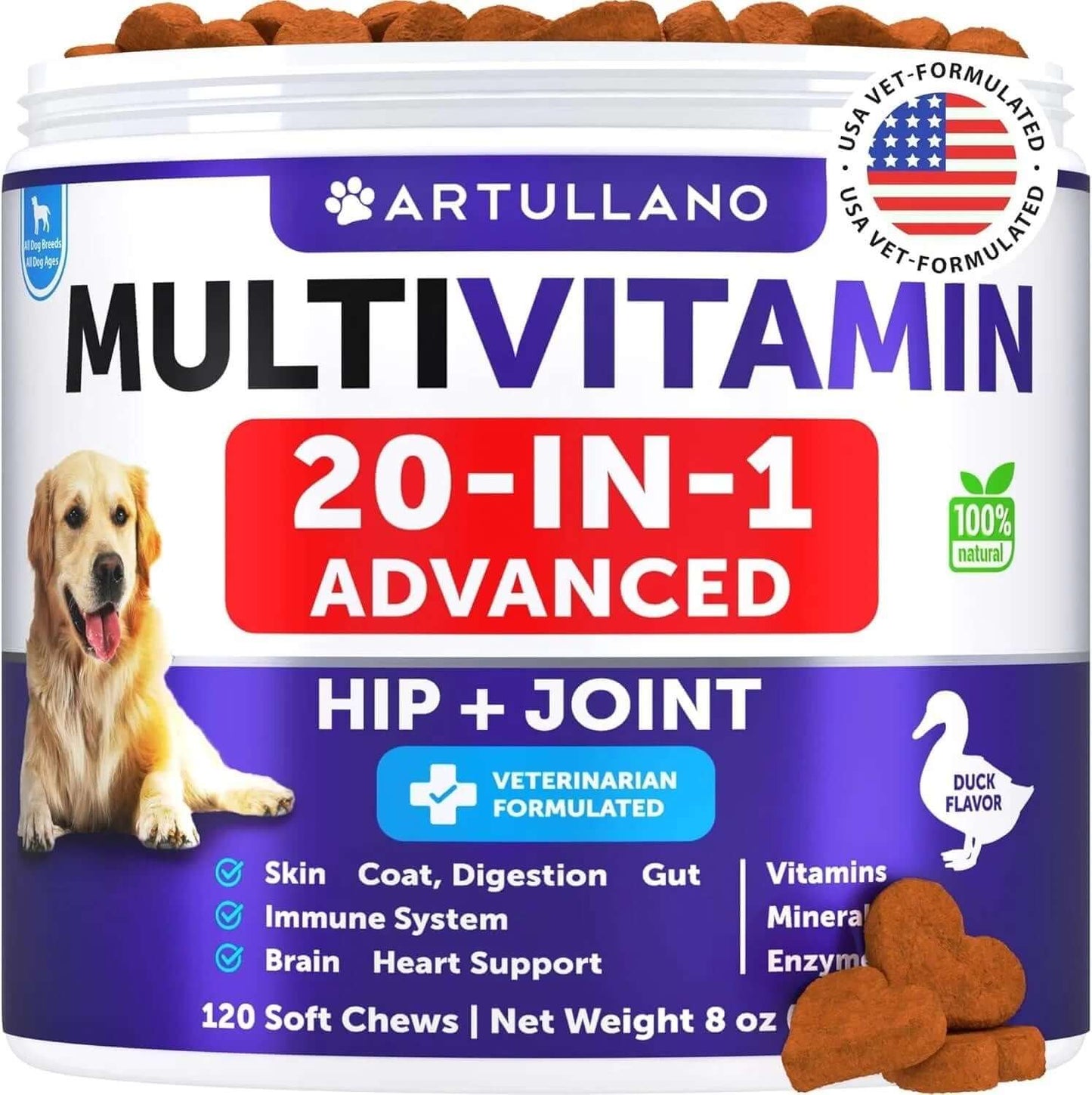 20-in-1 dog multivitamin chews with glucosamine for joint health and overall wellness in a tub.