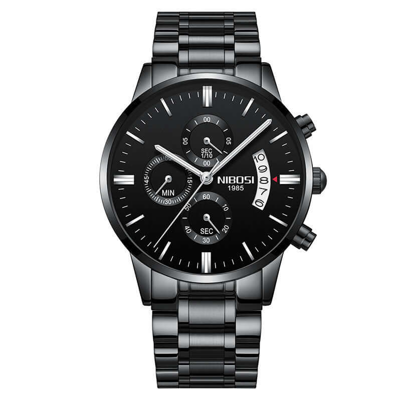 Men watch featuring a sleek black design with multiple dials and a stylish bracelet for modern elegance.