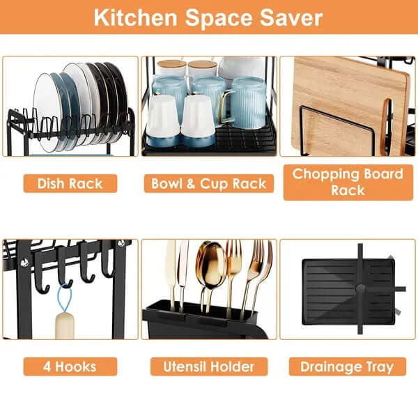 Image showcasing kitchen space saver with dish rack, bowl & cup rack, chopping board rack, hooks, utensil holder, drainage tray.