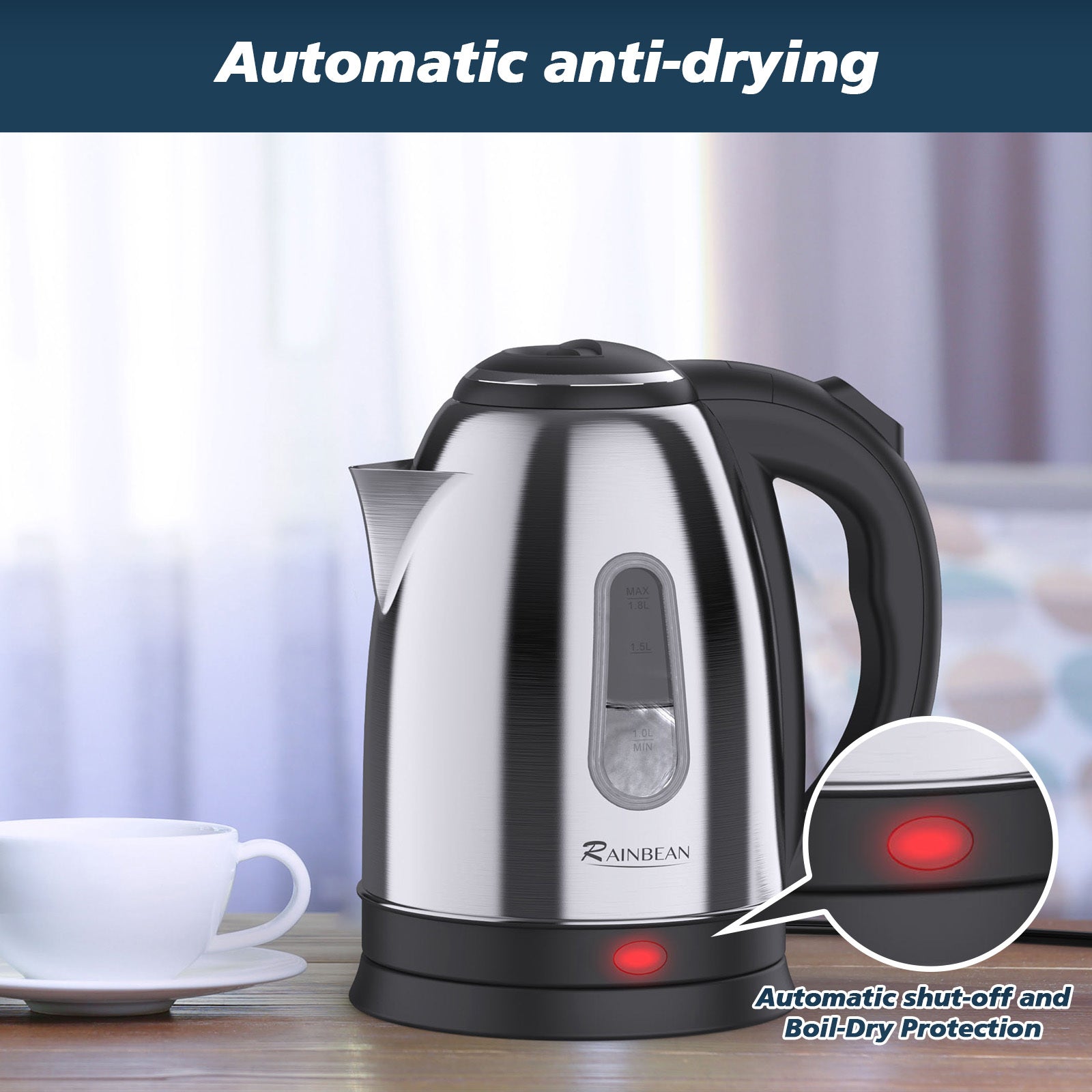 Electric Kettle 1.8L Stainless Steel Water Boiler with auto shut-off and boil-dry protection