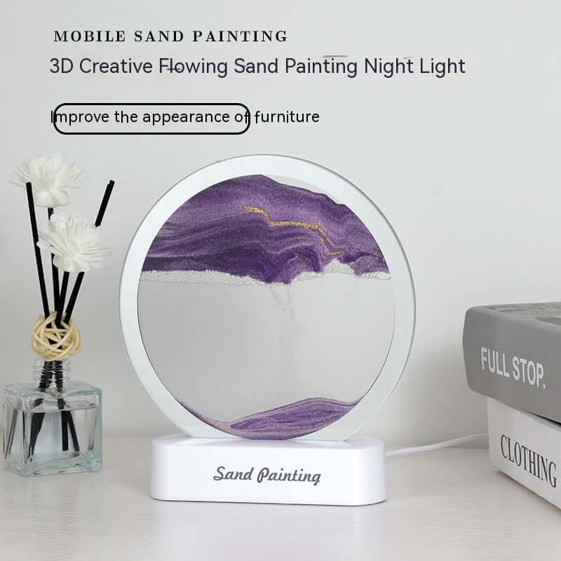 Bedside LED Table Lamp with 3D Creative Flowing Sand Painting Night Light in purple and white.