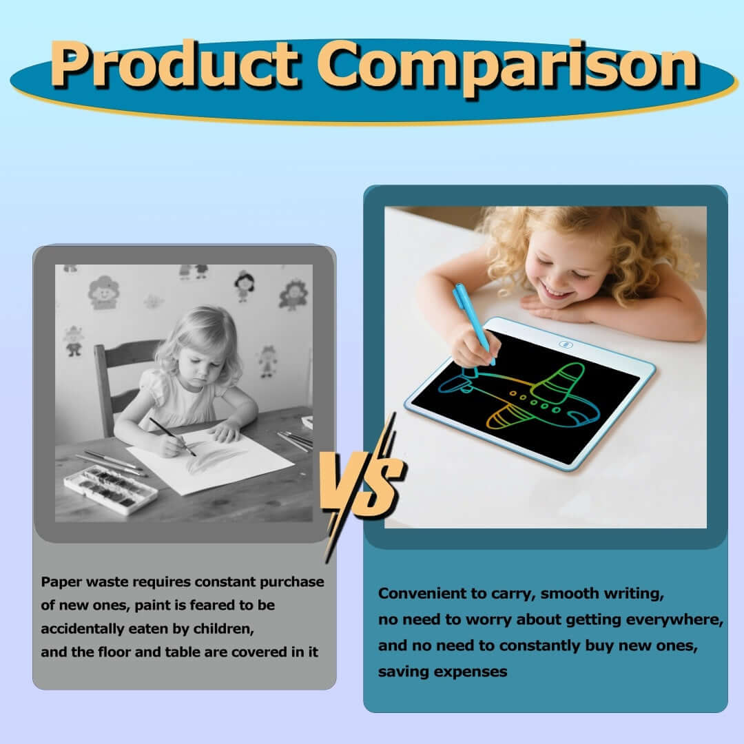 Product comparison showing traditional drawing vs drawing tablet, emphasizing drawing convenience and eco-friendliness.