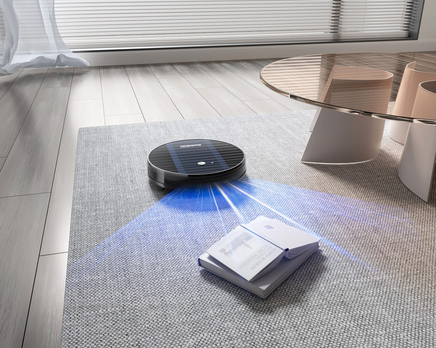 Geek Smart Robot Vacuum Cleaner G6 Plus at work on a carpet, showcasing its strong suction and automatic cleaning features.