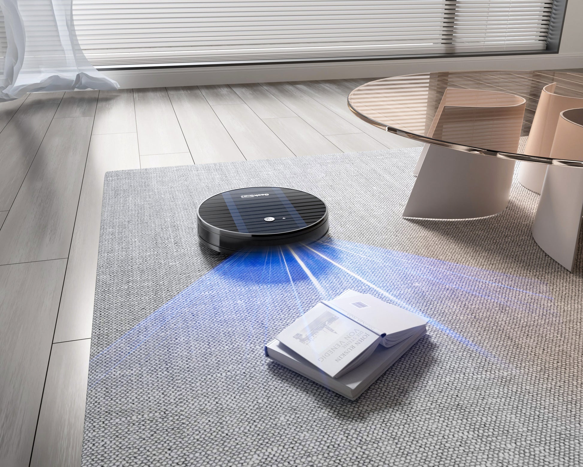 Geek Smart Robot Vacuum Cleaner G6 Plus at work on a carpet, showcasing its strong suction and automatic cleaning features.