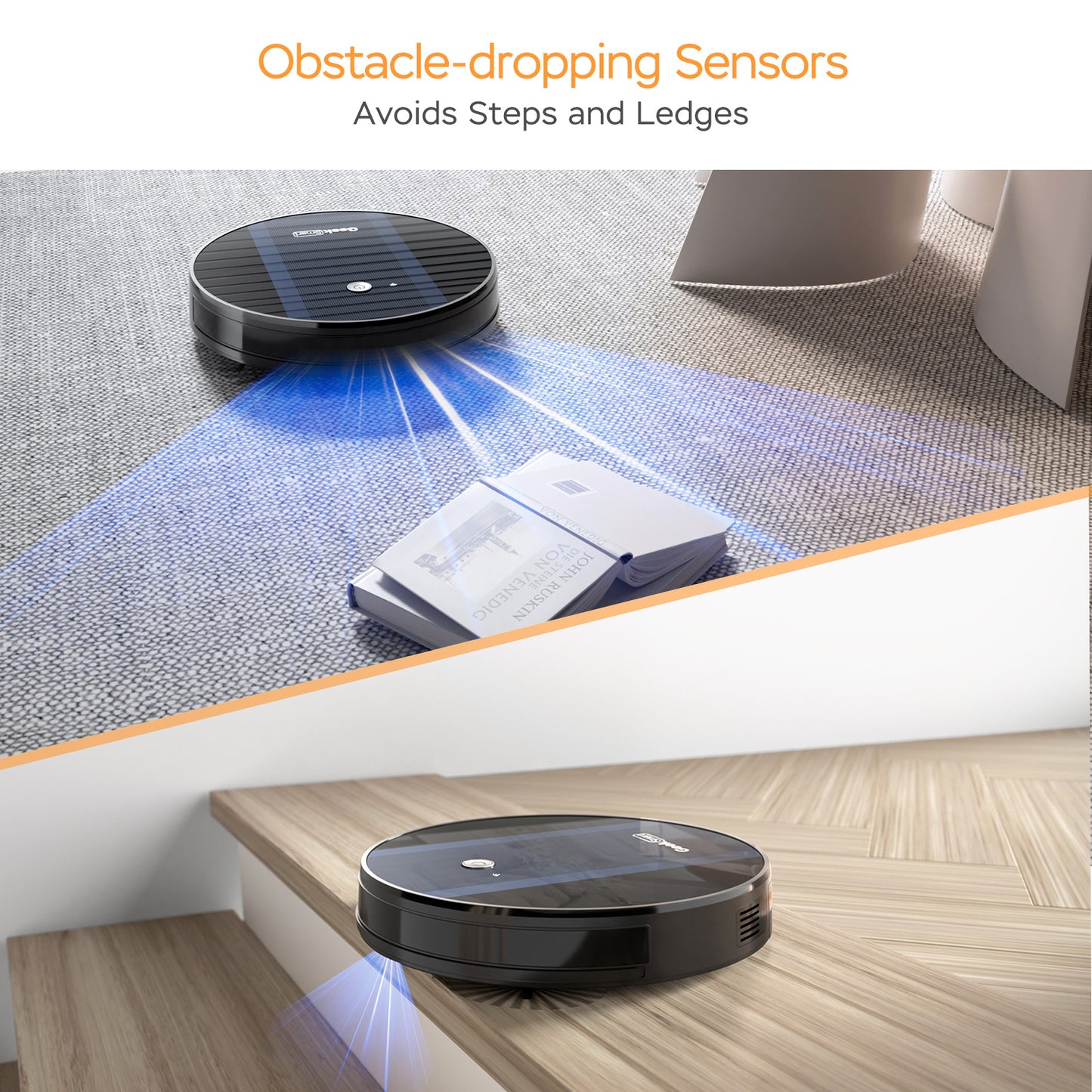 Geek Smart Robot Vacuum cleaner with obstacle-dropping sensors navigating steps and ledges, featuring advanced technology for safe cleaning.