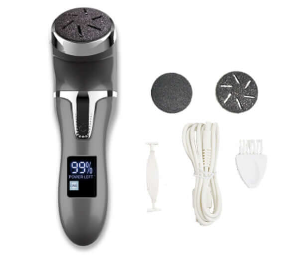 Foot scrubber for pedicure with power display and accessories including grinding heads and cleaning brush.