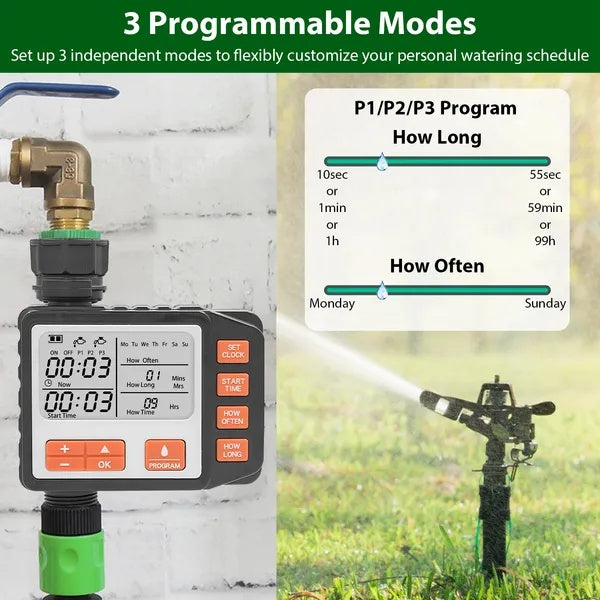 Sprinkler timer with 3 programmable modes for flexible watering schedule and accurate control.