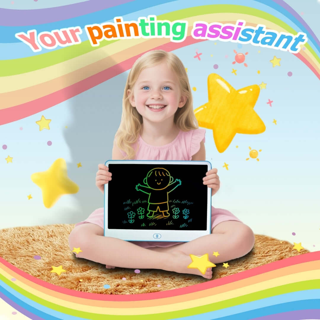 Child happily using a 13-inch LCD writing tablet, drawing fun doodles with colorful characters and stars around.