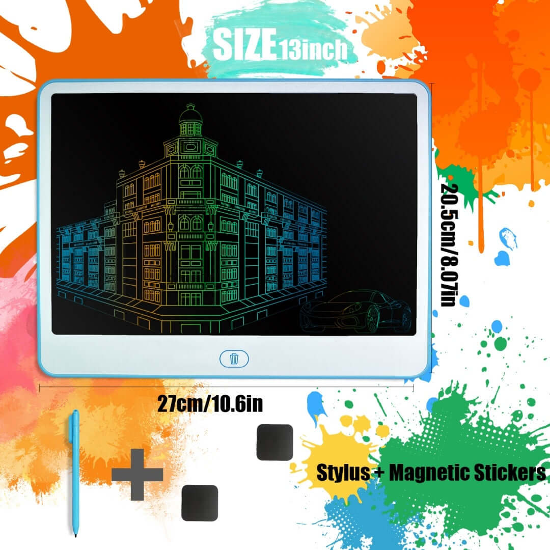 Colorful 13-Inch LCD writing tablet for kids featuring a doodle design, stylus, and magnetic stickers for artistic play.