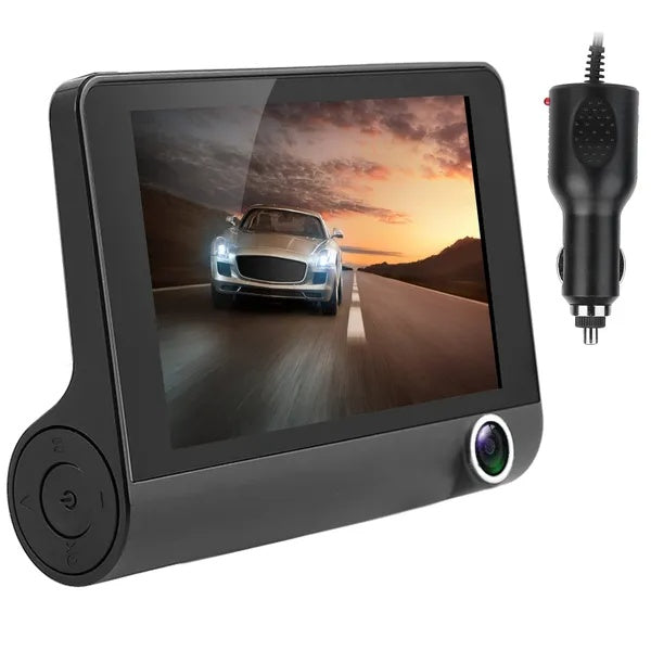 1296P Car DVR dash camera with 4-inch display and vehicle charger showing a car driving on the road.