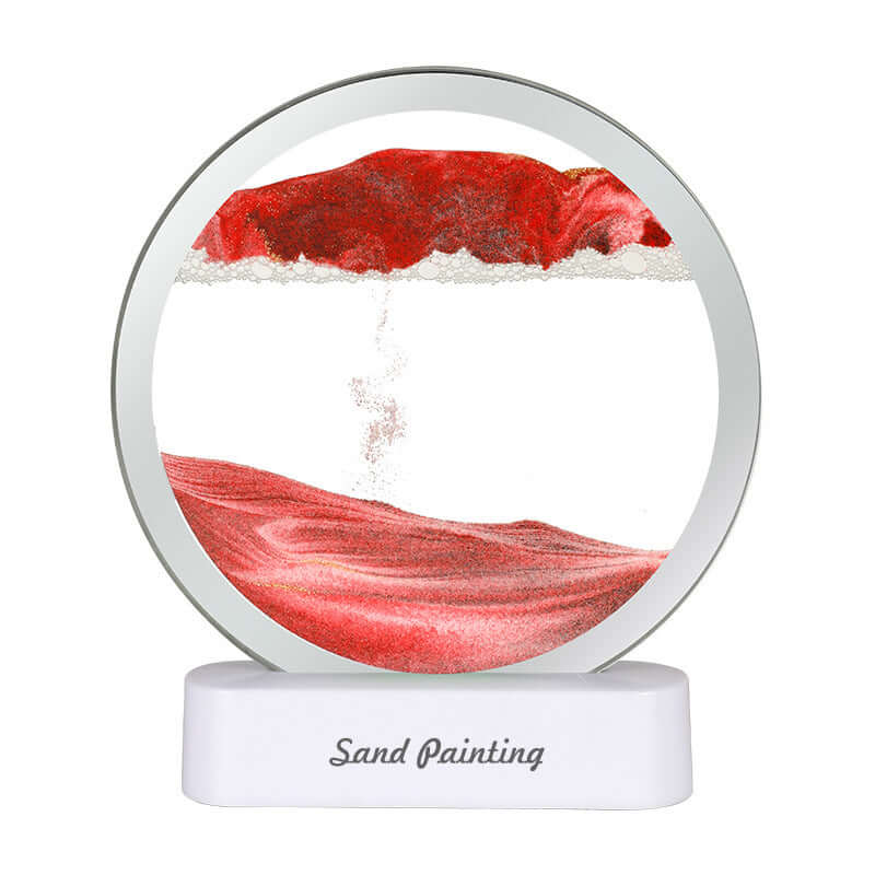 Bedside LED table lamp with creative quicksand sand painting design in vibrant red.
