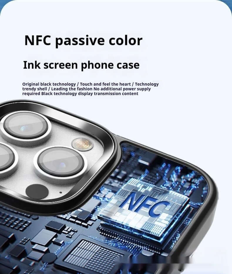 Smart NFC screen projection ink screen phone case showcasing original black technology and NFC features.
