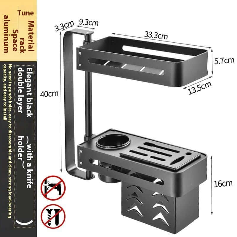 Punch-free kitchen wall storage rack in elegant black, double layer design with knife holder and aluminum material.