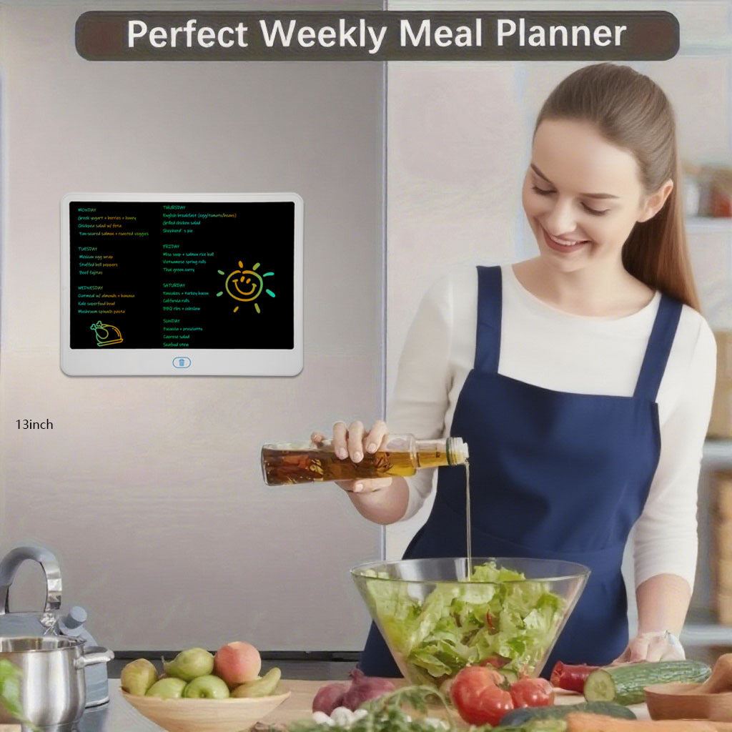 Woman using a 13-inch meal planner while preparing a salad, showcasing the perfect weekly meal planner.