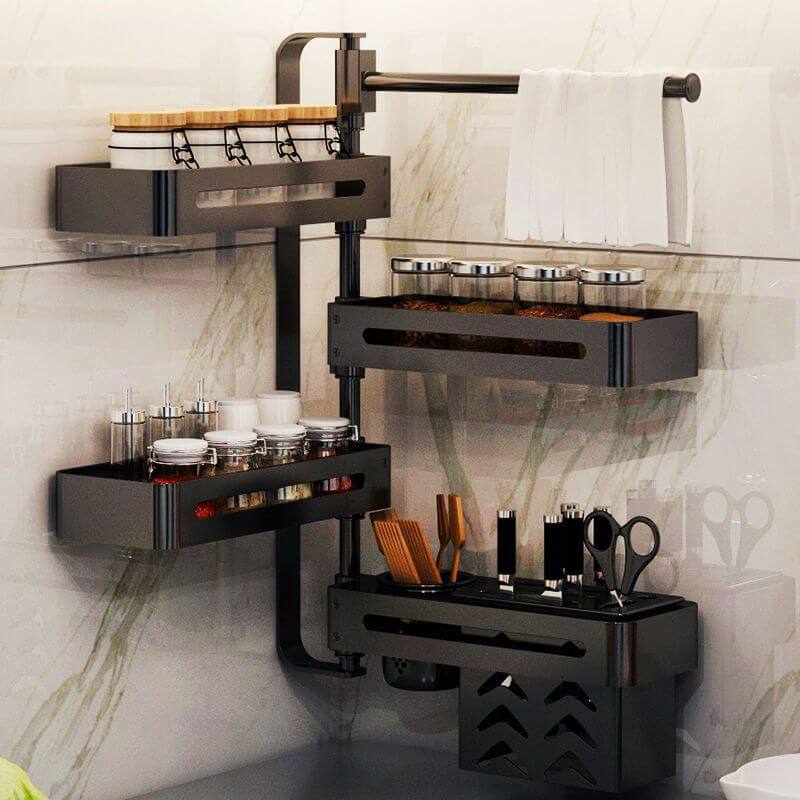 Punch-Free Kitchen Wall Storage Rack in elegant black with multiple layers for organization